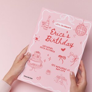Faire-part d'anniversaire rose rétro | Invitation à une fête modifiable | Thème champagne et discothèque | Téléchargement numérique instantané