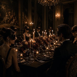 Dark Masquerade Dinner Wall Art, Gothic Candlelight Print, Mysterious Mansion Decor, Cinematic Digital Download