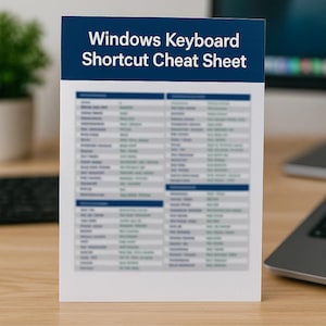Peut inclure: Une carte blanche avec le texte "Windows Keyboard Shortcut Cheat Sheet" dans une bannière bleu foncé. En dessous du titre se trouve une liste de raccourcis clavier. Le bas de la carte indique "Quick Reference Instant Download".