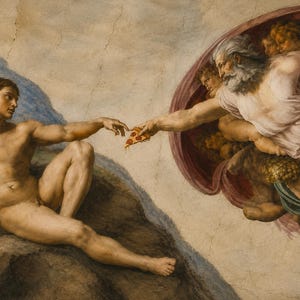 May include: A humorous reimagining of Michelangelo's 'The Creation of Adam' fresco, featuring a slice of pizza being offered. The artwork depicts two figures reaching out to touch, with one hand holding a pizza slice. The background is a blend of blues and beige.