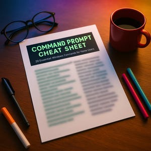May include: A command prompt cheat sheet titled "COMMAND PROMPT CHEAT SHEET" with the subtitle "20 Essential Windows Commands for Home Users" lies on a wooden surface. A red mug, glasses, and markers are also present.