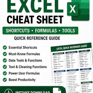 Könnte beinhalten: Ein grünes und weißes Excel-Spickzettel mit dem Text "EXCEL CHEAT SHEET". Es enthält Verknüpfungen, Formeln und Tools. Ein Schnellreferenzleitfaden und eine PDF-Download-Option sind ebenfalls enthalten.