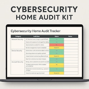 May include: A laptop screen displays a "Cybersecurity Home Audit Tracker." The document categorizes network, device, and account security, with a table showing audit items and statuses. The title "CYBERSECURITY HOME AUDIT KIT" is at the top.