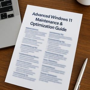 Può includere: Un foglio di carta bianco con il titolo "Advanced Windows 11 Maintenance & Optimization Guide" in blu. Una penna d'argento è appoggiata accanto. Sono visibili anche un laptop e una tazza bianca.