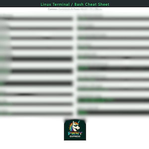 Può includere: Un cheat sheet di Linux Terminal / Bash con un'intestazione verde scuro. Il foglio presenta linee orizzontali di testo in bianco e nero. L'angolo in basso a destra presenta un logo con un unicorno con occhiali da sole e il testo "PWNY EXPRESS".