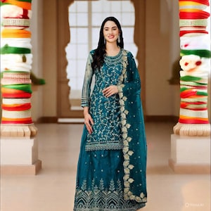 Teal Green Sharara Suit Set indian Salwar Kameez Plazo Dress Ghaghra suit  Wedding Guestwear Party Wear Ethnic Women Outfit Pakistani Dress