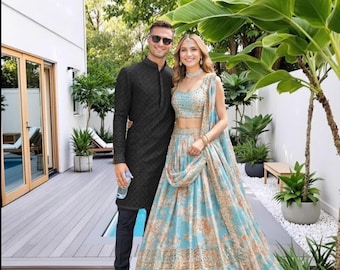 Powder Blue Floral Organza Lehenga Choli Set with Dupatta – Bridal Wedding Guest Wear USA