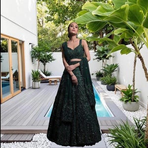 green emerald velvet dress Mehndi Green Chinnon Drape Saree – House of Fakir Chand main image 1
