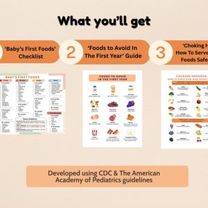 May include: Informational graphic with the text "What you'll get." Includes three guides: "Baby's First Foods' Checklist," "Foods to Avoid In The First Year' Guide," and "Choking Hazards: How To Serve High-Risk Foods Safely' Guide." Developed using CDC & The American Academy of Pediatrics guidelines.