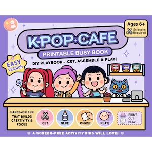 May include: A K-Pop Cafe printable busy book featuring three cartoon characters, a cat barista, and cafe items. The purple cover includes text: K-Pop Cafe, Printable Busy Book, DIY Playbook, Cut, Assemble & Play, Ages 6+, and instructions for hands-on fun.