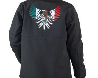 May include: Black jacket with an embroidered emblem of an eagle with green, white, and red wings. The jacket has a stand-up collar and a zipper closure. The back of the jacket features the Mexican coat of arms.