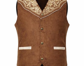 Wildleder Cowboy Weste für Männer, Floral bestickte Western Rodeo Weste Tan