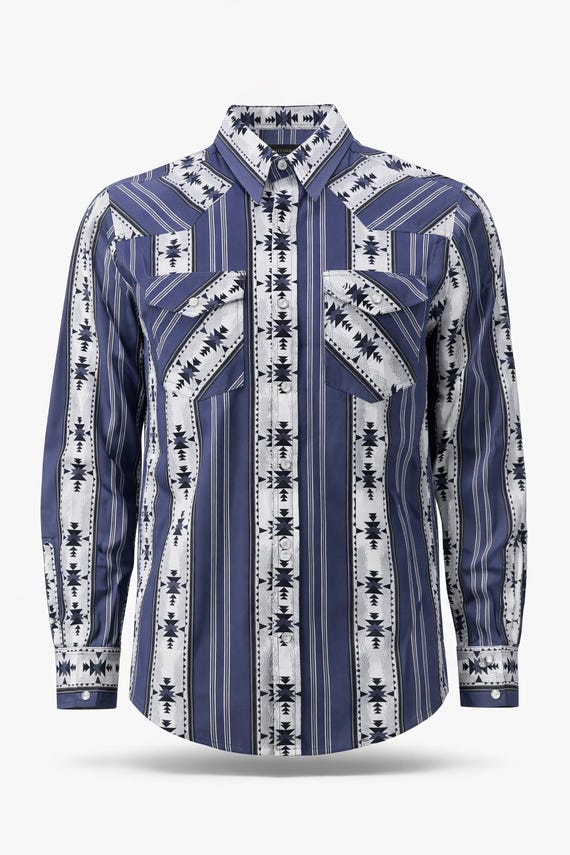 Men’s Western Aztec Pearl Snap Shirt Stretch Cotton