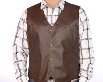 Chaleco vaquero de cuero genuino para hombre, estilo ranchero marrón.