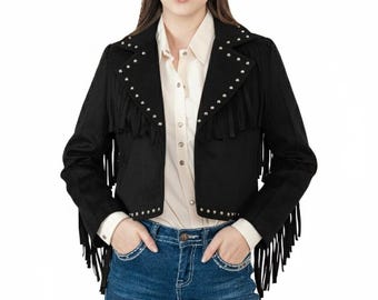 Women's Suede Fringe Jacket: Western Studded Rodeo Outfit