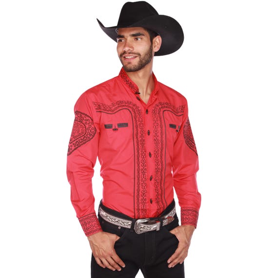 Embroidered Western Cowboy Shirt with Charro Buttons - Classic Long Sleeve Ranch Shirt