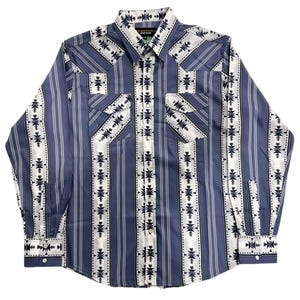 May include: A long-sleeved button-down shirt in a blue and white striped pattern with geometric designs. The shirt has two chest pockets and buttoned cuffs. The collar features the text "WESTERN FRONTIER".