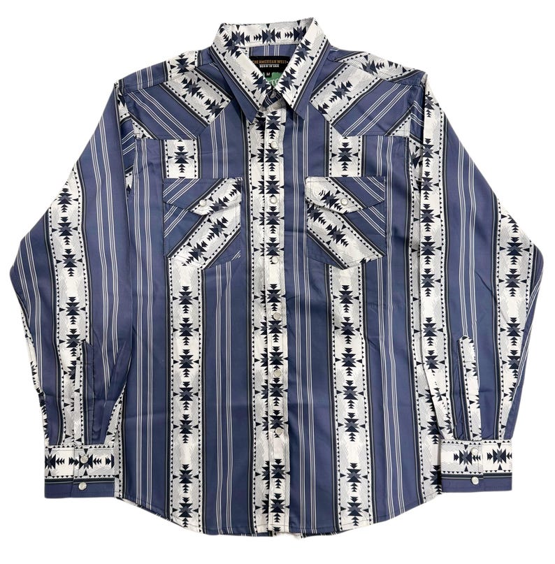 May include: A long-sleeved button-down shirt in a blue and white striped pattern with geometric designs. The shirt has two chest pockets and buttoned cuffs. The collar features the text "WESTERN FRONTIER".