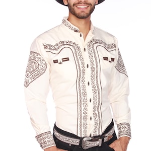 Men's El General Charro Shirt - Camisa Charra, White With Silver/Black Embroidery-780257