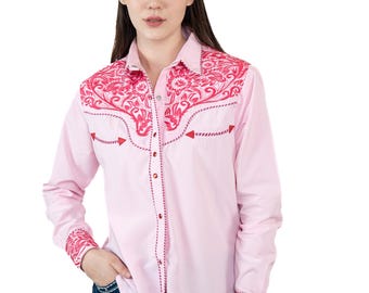 Camisa vaquera occidental bordada, blusa rodeo con broches de perla, ropa campestre floral