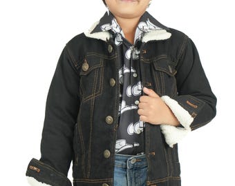 Kids Black Denim Jacket With Sherpa