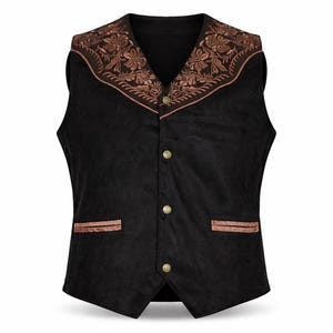 May include: Black vest with a brown floral embroidered collar and pocket trim. The vest has a V-neck and is fastened with three gold-coloured buttons. The vest is a classic style.