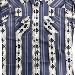 May include: Blue and white patterned button-up shirt with vertical stripes and geometric designs. Features two chest pockets and a collared neckline. The shirt is a medium size.