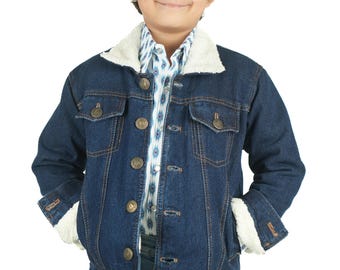 Kids Dark Blue Denim Jacket With Sherpa -  Western Cowboy
