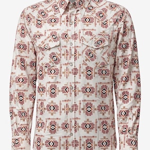 Men’s Western Aztec Snap Shirt – Cream Burgundy Long Sleeve