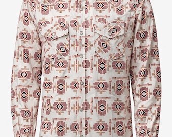 Men’s Western Aztec Snap Shirt – Cream Burgundy Long Sleeve
