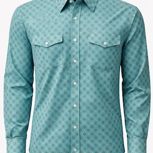 Men’s Western Pearl Snap Cowboy Shirt – Bottle Green Stretch Cotton Print