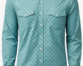 Men’s Western Pearl Snap Cowboy Shirt – Bottle Green Stretch Cotton Print