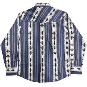 May include: A long-sleeved button-down shirt with a blue and white striped pattern. The shirt features vertical blue stripes with white and black geometric designs. The cuffs and collar have a contrasting white and black pattern.