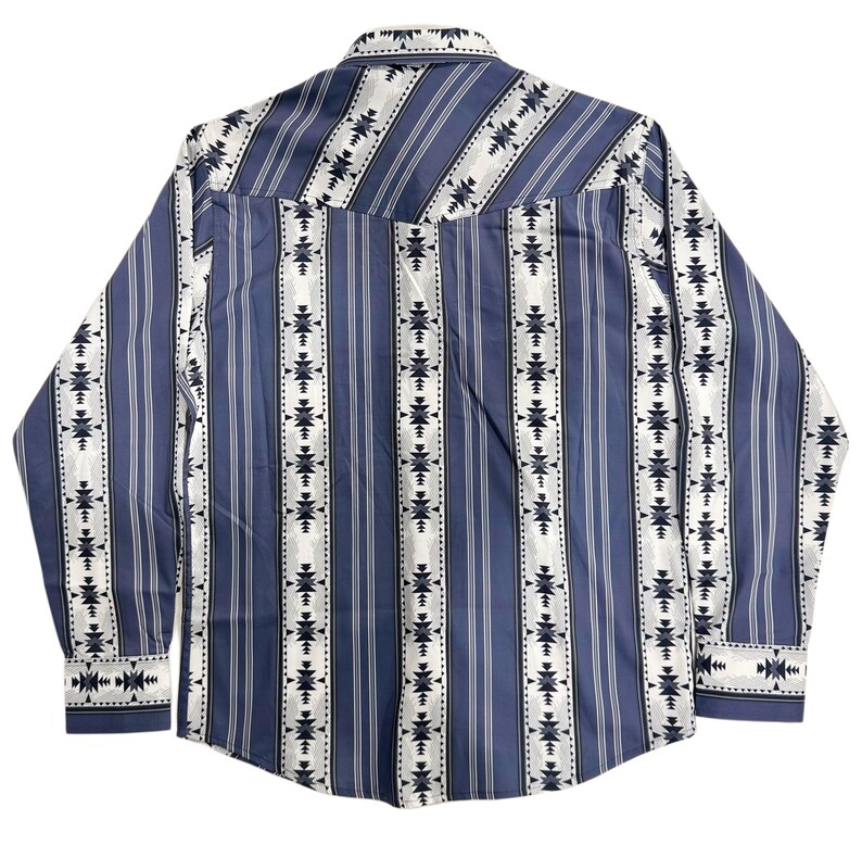 May include: A long-sleeved button-down shirt with a blue and white striped pattern. The shirt features vertical blue stripes with white and black geometric designs. The cuffs and collar have a contrasting white and black pattern.