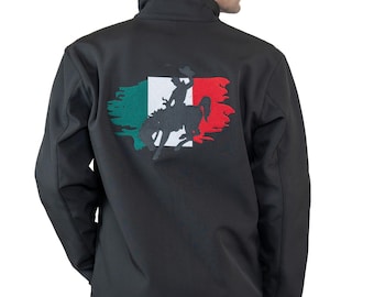 May include: Black softshell jacket with a high collar and a full-length zip. The back features a graphic of a rodeo rider and the Mexican flag. The person in the image is wearing blue jeans.