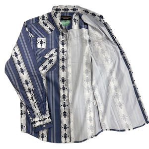 May include: A long-sleeved button-down shirt with a blue and white geometric pattern. The shirt features a striped design on the front and sleeves, with a contrasting pattern on the yoke and pockets. The shirt is open, revealing the inside lining.