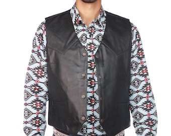 Men’s Genuine Leather Western Cowboy Vest, Black Ranch Rodeo Waistcoat