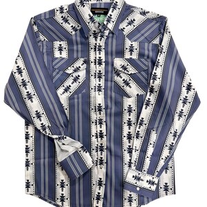 May include: A long-sleeved button-down shirt in a blue and white pattern. The shirt features vertical stripes and geometric designs. The cuffs and pockets have a contrasting white and black pattern. The shirt has a classic western style.