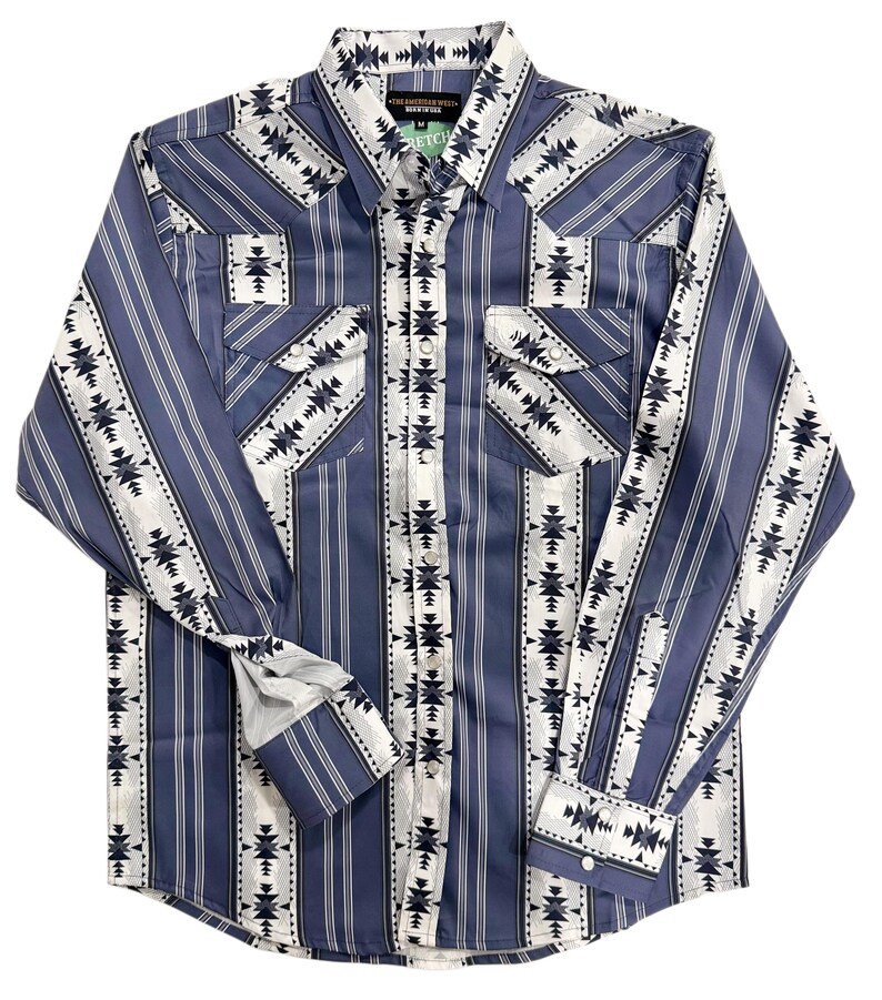 May include: A long-sleeved button-down shirt in a blue and white pattern. The shirt features vertical stripes and geometric designs. The cuffs and pockets have a contrasting white and black pattern. The shirt has a classic western style.