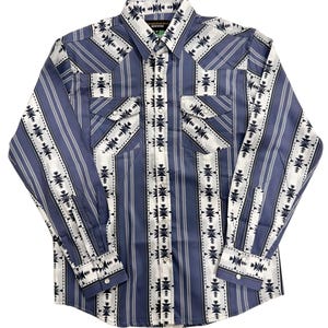 May include: A long-sleeved button-down shirt in blue with white and black geometric patterns. The shirt features vertical stripes and decorative patterns on the pockets and cuffs. The collar has a small tag.