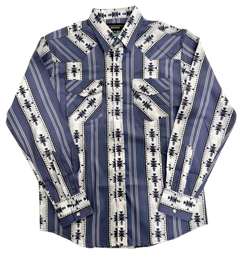 May include: A long-sleeved button-down shirt in blue with white and black geometric patterns. The shirt features vertical stripes and decorative patterns on the pockets and cuffs. The collar has a small tag.