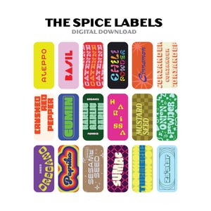 May include: A collection of colorful spice labels with text including "Aleppo", "Basil", "Cinnamon", "Cumin", "Mustard Seed", and "Za'atar". The labels are rectangular with various background colors and fonts. The text "THE SPICE LABELS DIGITAL DOWNLOAD" is at the top.