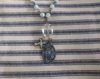 Necklace Aqua Vintage Beads and Vertigris Angel Medal Vintage Rue23pais Vintage Aqua and Vertigris Medals Necklace