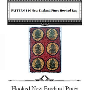 May include: Pattern 110 New England Pines Hooked Rug. A red rug with six circular designs featuring green pine trees on a yellow background.