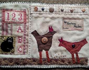 Primitive Chickens Sampler Hand quilted Rue23paris Hand quilted farm Scene sampler