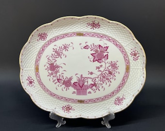 Herend “Indian Basket Raspberry” Oval Platter 12.4” Hand Painted Porcelain w/ 24K Gold – Elegant Vintage Hungarian Piece
