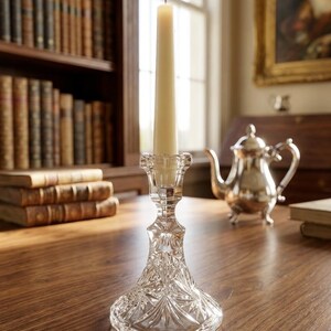 May include: A clear glass candlestick holder with a faceted, starburst-patterned base and a cylindrical top section. A single, tall, cream-colored taper candle is inserted into the holder, with a small, bright flame burning at the very top.