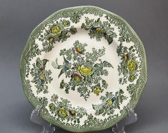 Vintage Enoch Wedgwood (Tunstall) Ltd green Asiatic Pheasants pottery (c. 1965-1980). Staffordshire transferware. Plates, cups, sugar, etc.