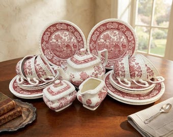 Vintage Villeroy & Boch Rusticana red transferware tea set for 6. 1940s-50s Germany. Pastoral scenes, perfect condition.
