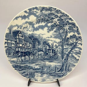 Vintage English dinner plate Royal Mail Blue 10", made by Royal Wessex, coach scene, 80s.
